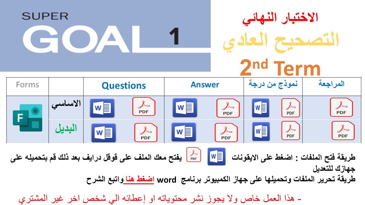 الاختبار النهائي منهج Super Goal 1 منهج الصف الأول متوسط - الفصل الدراسي الثاني 1447 + بديل + نموذج من درجة + مراجعة - تصحيح عادي 